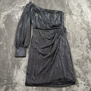 NW‎ Nightway Dress Womens 6 Navy Metallic One Shoulder Cocktail Mini
